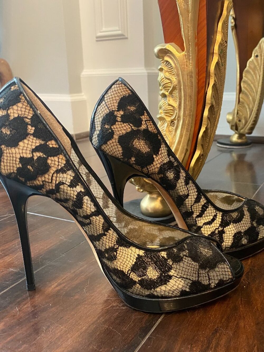 Vintage Jimmy Choo Black Lace Peep-Toe Platform Heels